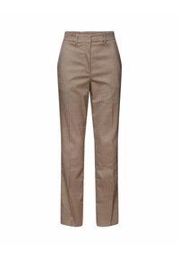 Pantalon droit à carreaux marron et beige avec passants de ceinture et fermeture éclair frontale, présenté sur fond blanc.