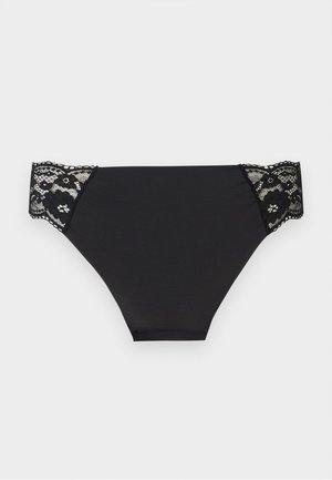 Sort bikiniundertøj til kvinder med blomsterblondepaneler på hofterne, glat stof foran og sømløst design.