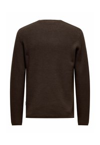 Pull en tricot marron avec un tissu texturé, manches longues et col rond. Présente un ourlet droit et des détails de couture minimalistes.