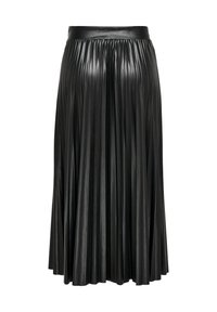 Jupe plissée noire avec une taille haute. Fabriquée dans un matériau brillant et lisse, elle présente des plis verticaux et une silhouette fluide.