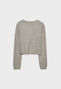 Gray cropped sweater with long sleeves, made of soft fabric, featuring a simple design and a round neckline with ribbed edges.