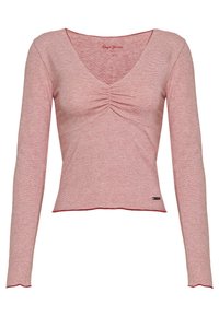 Rød langærmet top med V-hals, centralt samlingsdetalje og tynde hvide striber. Blødt stof med subtil ribbning og cropped kant.