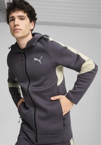 Sudadera con cremallera de color gris oscuro con paneles laterales de color gris claro y logo. Presenta un frente con cremallera, capucha adjustable y acentos de tela texturizada.