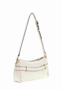 Witte leren handtas met een gouden rits, voorzien van een smalle band en horizontale accenten. Compacte, afgeronde vorm. Glad oppervlak.