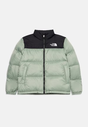 Doudoune vert clair et noir avec fermeture éclair à l'avant, deux poches latérales et logo "The North Face" sur la partie supérieure noire de la poitrine.