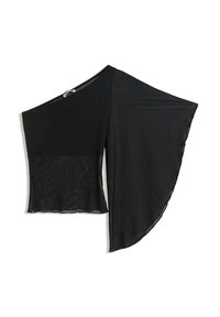 Zwarte top met één lange, doorschijnende mouw en een nauwsluitend lijfje. Gemaakt van lichtgewicht stof met een gladde textuur en een gestikte zoom.