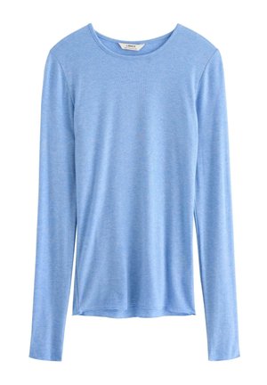 Blå langærmet T-shirt i et blødt, strækbart materiale. Har en rund halsudskæring og en let buet kant, der giver en afslappet pasform.
