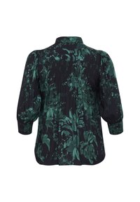 Blusa nera con stampa floreale verde, schiena arricciata e maniche a sbuffo. Presenta un colletto e un tessuto testurizzato.