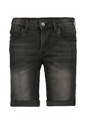 Shorts de mezclilla negra con un acabado desgastado, que presentan un clásico diseño de cinco bolsillos, puños enrollados y un cierre con botón metálico.