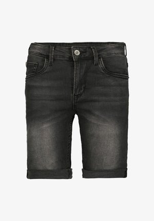 Schwarze Jeansshorts mit einem verblassten Finish, klassischem Fünf-Taschen-Design, umgeschlagenen Säumen und einem Metallknopfverschluss.