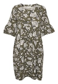 Olivgrünes Kleid mit floralem Muster in Weiß und Schwarz. Verfügt über einen runden Ausschnitt und Glockenärmel. Hergestellt aus weichem Stoff.