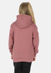 Pullover hoodie in dusty rose color, made from soft fabric, featuring a large hood and ribbed cuffs, with a relaxed fit and straight hem.
