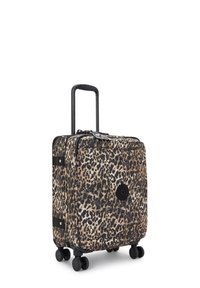 Rolling suitcase with a leopard print pattern, black accents, a retractable handle, and four wheels for mobility. Textured material finish.