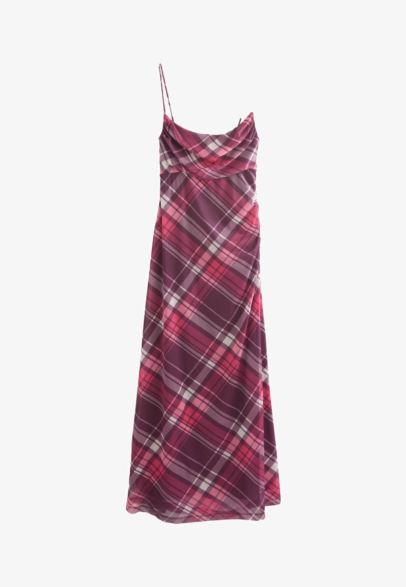 Lillasest triibuline maxi kleit õhukeste spagetirihmadega, mis on varustatud kaeluse ja voolava disainiga, esitleb mustris roosa ja valge toone.