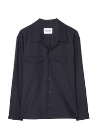 Dunkelblauses Langarmhemd mit Kragen, Knopfleiste und zwei Brusttaschen. Aus glattem Stoff mit taillierter Passform.