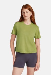 Maglietta verde a maniche corte in tessuto leggero con colletto rotondo, abbinata a pantaloni corti grigi scuri. Design semplice e casual senza motivi.