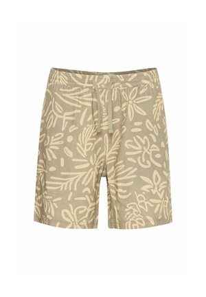 Costumi da bagno beige con un motivo floreale astratto crema, vita elastica, cordoncino regolabile e texture morbida.