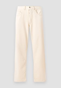 Jeans in denim beige chiaro con un design a gamba dritta, cinque tasche e chiusura anteriore con bottone. Cuciture visibili lungo le cuciture.