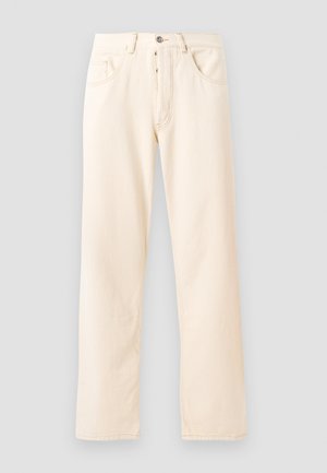 Lys beige denim jeans med en rett ben-design, fem lommer og en front knappelukking. Sømmer synlige langs sømmene.