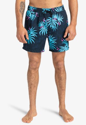 Herren-Badeshorts aus dunkelblauem Stoff mit strukturiertem Finish. Mit einem tropischen Blattmuster in Türkis und Pink. Elastischer Bund mit Kordelzug.