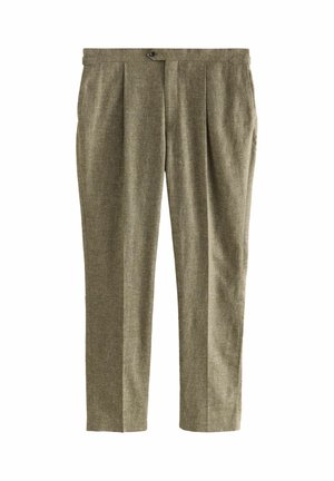 Beige pleated trousers made from textured fabric, featuring a straight cut, waistband with button closure, and no visible patterns.