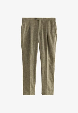 Pantaloni plisati bej, confeccionati dintr-un material texturat, cu croi drept, talie cu sistem de inchidere cu nasture si fara modele vizibile.