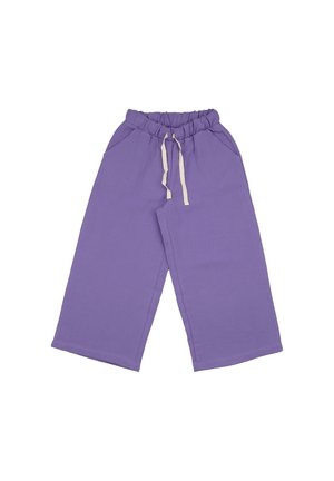 Purple wide-leg pants with elastic waistband and white drawstring, featuring side pockets, laid flat on a white background.