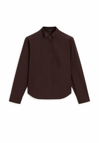 Chemise à manches longues bordeaux, ornée de plis verticaux, d'un col classique et d'un ourlet courbé. Confectionnée en tissu léger avec une fermeture à boutons sur le devant.