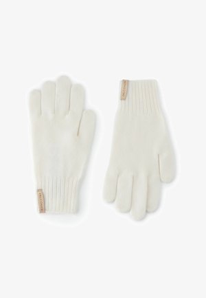 White knitted gloves with ribbed cuffs. Made from soft material, featuring a tag with "Falconeri" on one glove.