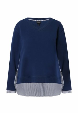 Granatowy sweatshirt z dekoltem w serek, długimi rękawami i paskowanym dolnym brzegiem. Wykonany z miękkiego materiału z bocznymi szczelinami dla większej swobody ruchu.