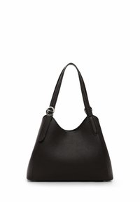 Black leather handbag with a textured finish, semi-structured shape, dual handles featuring round silver hardware, and open top design.
