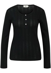 Svart långärmad topp med rund halsringning, dekorativa knappar, ribbad textur och ett mönster med vertikala linjer.