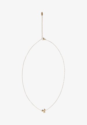 Herkästi valmistettu kultainen ketjukaulakoru, jossa on pieni abstrakti nelilehtinen kukka -riipus ja säädettävä lukko pidennysketjulla.