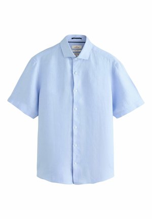 Light blue short-sleeve button-up shirt with a classic collar and visible front buttons, displayed on a white background.
