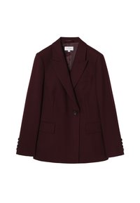 Burgundský blazer vyrobený z texturované látky, se zapínáním na jeden knoflík, klopovými límci a dvěma předními kapsami; zdobení na rukávech.