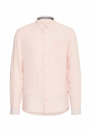 Lyserosa langermet skjorte med knapper og lomme, stripete tekstur og kontrasterende krage. Har knappede mansjetter og buet kant.