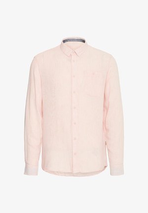 Lyserosa langermet skjorte med knapper og lomme, stripete tekstur og kontrasterende krage. Har knappede mansjetter og buet kant.