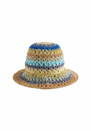 Gehäkelter Fischerhut mit breiter Krempe, der horizontale Streifen in Blau, Beige, Hellblau und Braun aufweist, mit strukturiertem Gewebe.