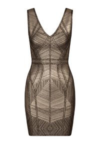 Robe en bronze métallique avec un col en V et des motifs géométriques, dotée d'une silhouette ajustée et de détails texturés sur toute sa surface.