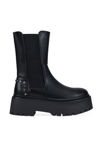 Black ankle boots with a smooth leather exterior and elastic side panels. Chunky platform sole with a textured tread and metal stud accents.