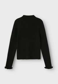 Maglione nero a maglia con collo alto, maniche lunghe e polsini arricciati. Il design è semplice con una superficie texturizzata e un taglio cropped.