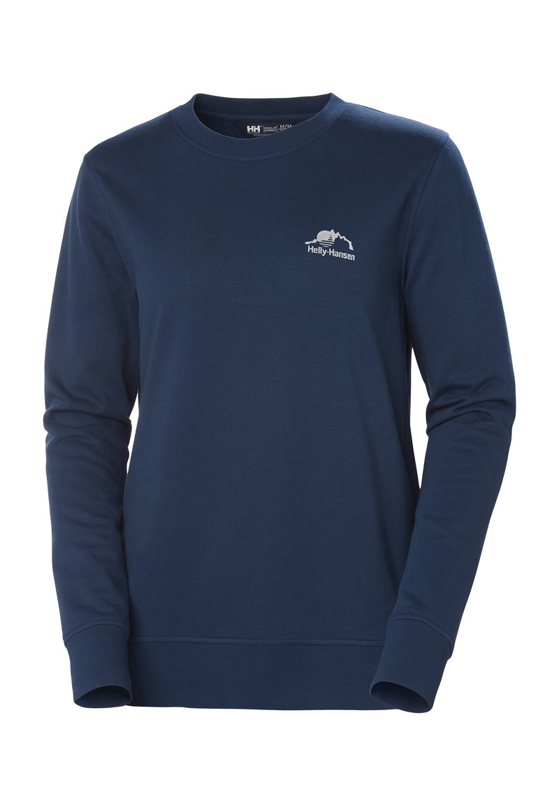 Sudadera de manga larga azul marino hecha de material suave, con cuello redondo y un pequeño logo blanco en el lado izquierdo del pecho.