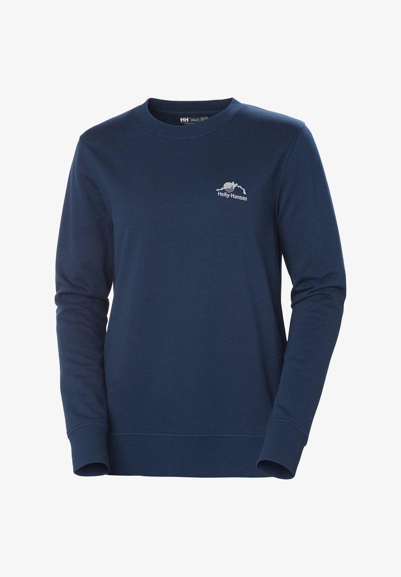 Sudadera de manga larga azul marino hecha de material suave, con cuello redondo y un pequeño logo blanco en el lado izquierdo del pecho.