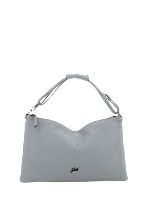 Borsa a tracolla in pelle grigio chiaro con tracolla corta, chiusura a cerniera e piccolo logo nero al centro davanti.