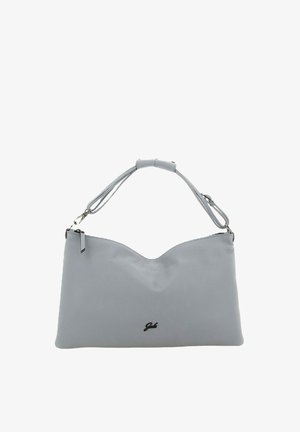 Borsa a tracolla in pelle grigio chiaro con tracolla corta, chiusura a cerniera e piccolo logo nero al centro davanti.