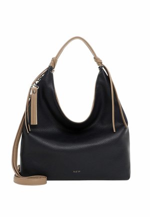 Juodos odos rankinė su rudos spalvos rankena ir apvadais, su nuimama petneša ir mažu priekiniu logotipu „RUE'09".