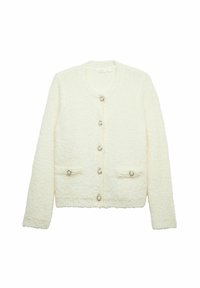 Witte textuur gebreide cardigan met een ronde hals, knopenlijst aan de voorkant en twee zakken. Voorzien van zes glanzende zilverkleurige knopen.
