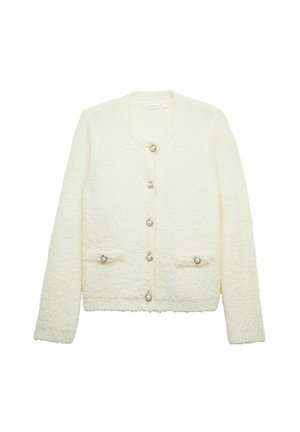 Hvid tekstureret cardigan med rund halsudskæring, knaplukning fortil og to lommer. Har seks skinnende sølvfarvede knapper.
