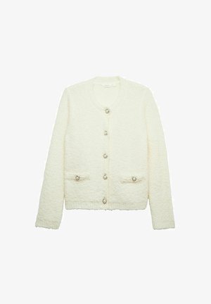 Vit texturerad cardigan med rundad halsringning, knappstängning fram och två fickor. Har sex glänsande silverfärgade knappar.
