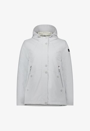 Hellgraue wasserdichte Jacke mit Kapuze, Reißverschlusstaschen, Druckknöpfen und einer glatten, matten Oberfläche. Verfügt über ein gefüttertes Innenfutter für Wärme.